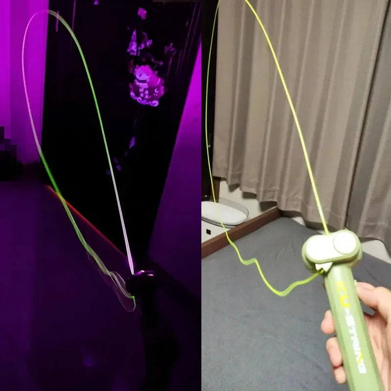 Two images showing a green laser pointer with a purple light on a black background and another image of a person holding the laser pointer indoors.