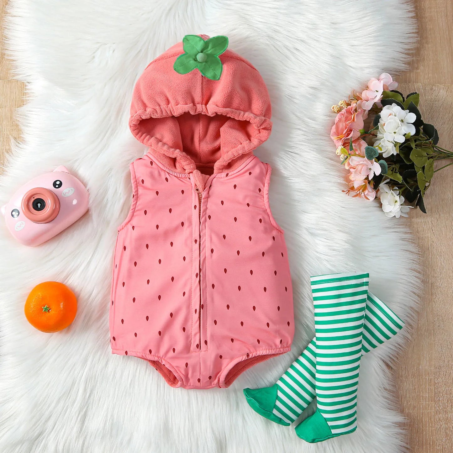 Romper Set Strawberry Shaped Stage Performance Zip-up Hooded