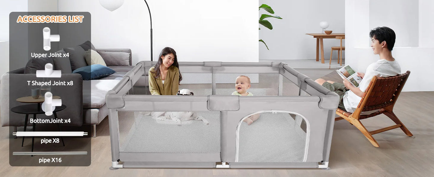180X200cm Baby Playpen for Baby and Toddlers Kid’s Fence with Anti-Collision Foam and Breathable Mesh 50 Ocean Balls 4 Pull Ring