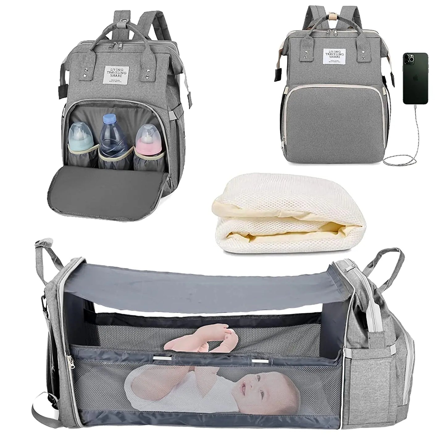 3 In 1 Diaper Bag Backpack Foldable Baby Bed Waterproof Travel Bag with USB Charge Diaper Bag Backpack with Changing Bed