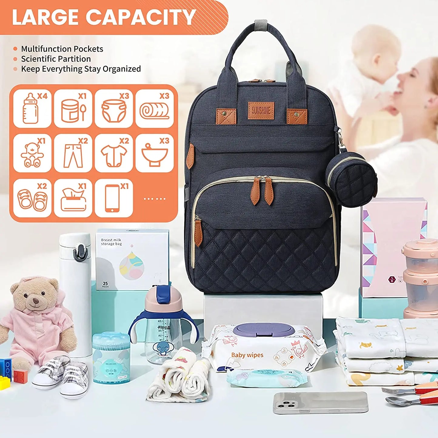 3 In 1 Diaper Bag Backpack Foldable Baby Bed Waterproof Travel Bag with USB Charge Diaper Bag Backpack with Changing Bed