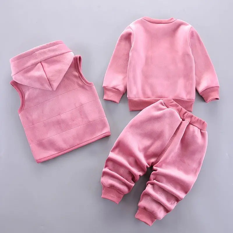Autumn Winter Baby Boys Clothes Sets Thick Fleece Cartoon Bear Jacket Vest Pants 3Pcs Cotton Sport Suit For Girls Warm Outfits