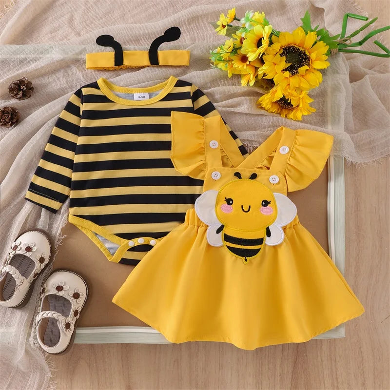 Autumn Skirt  Sets Flying Sleeve Romper Bee/Beetle Embroidery