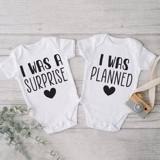 I Was Planned/I Was Surprise Print Romper Twins Brother Sister Bodysuit