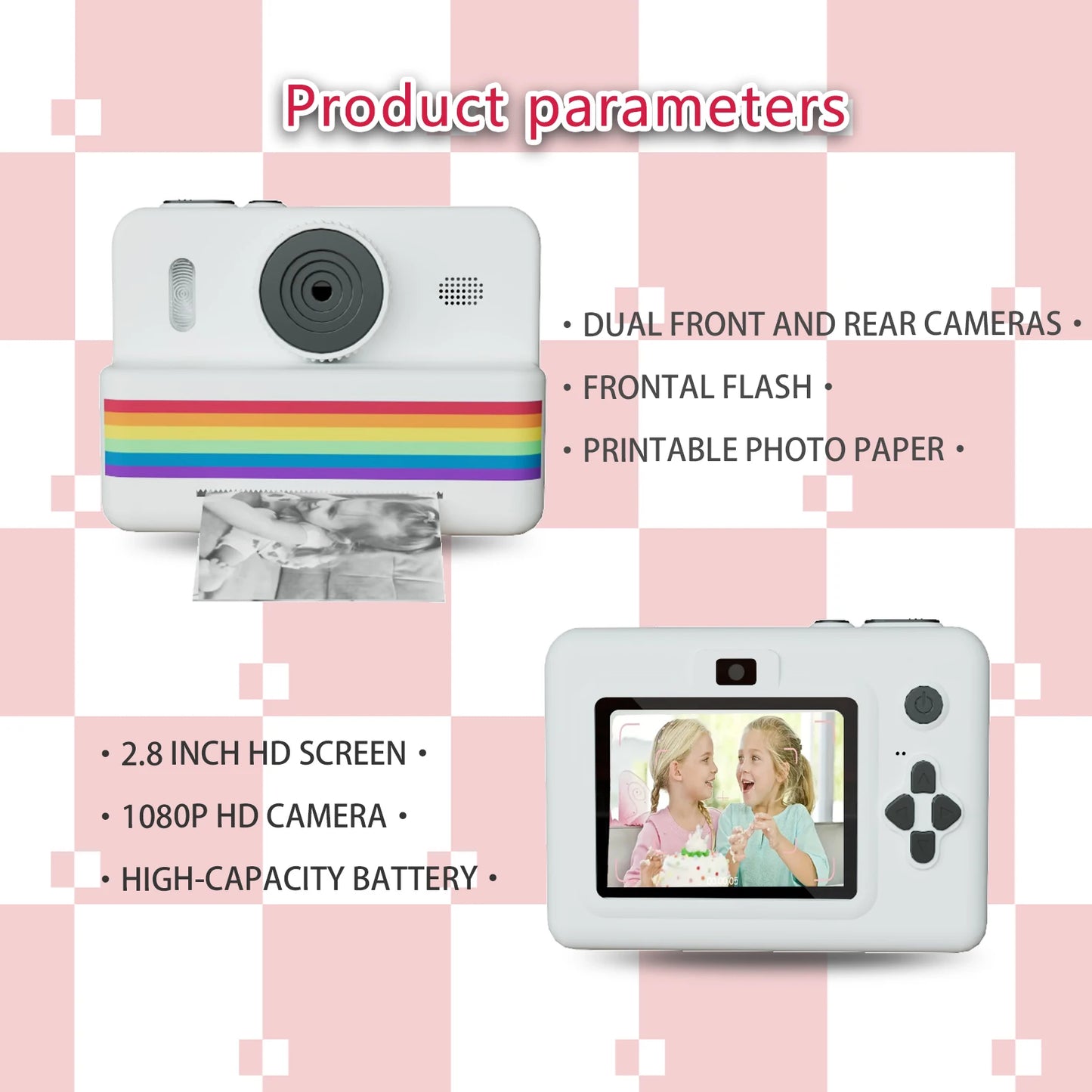 Mini Printer Portable Thermal Instant Print Photo Kids Camera 2.8inch HD