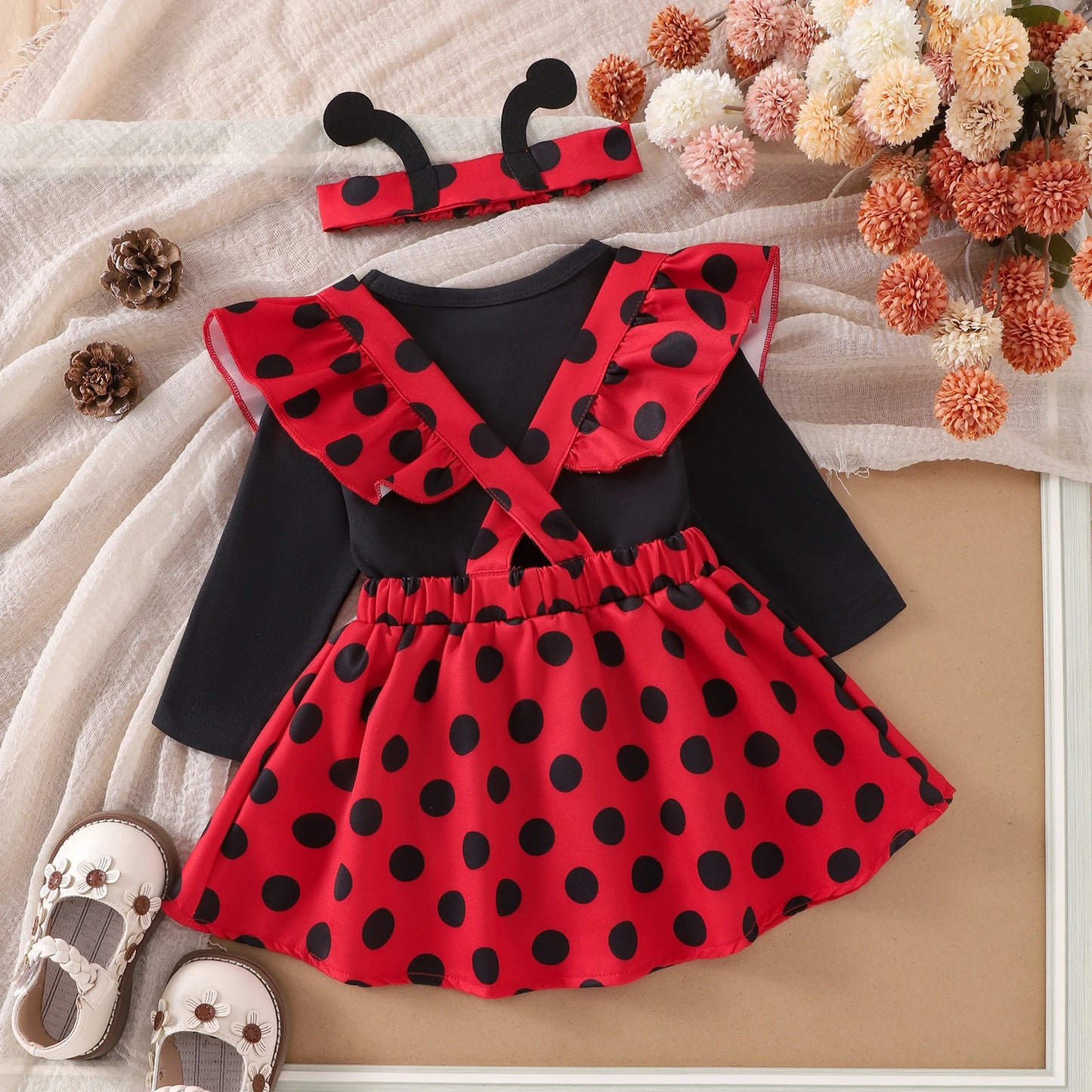 Autumn Skirt  Sets Flying Sleeve Romper Bee/Beetle Embroidery