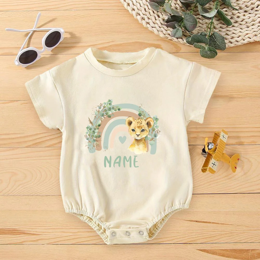 Personalised Rainbow with Name Bubble Romper Infant Jungle Birthday Party Clothes Baby Oversized Bodysuit Cute Wild One Jumpsuit