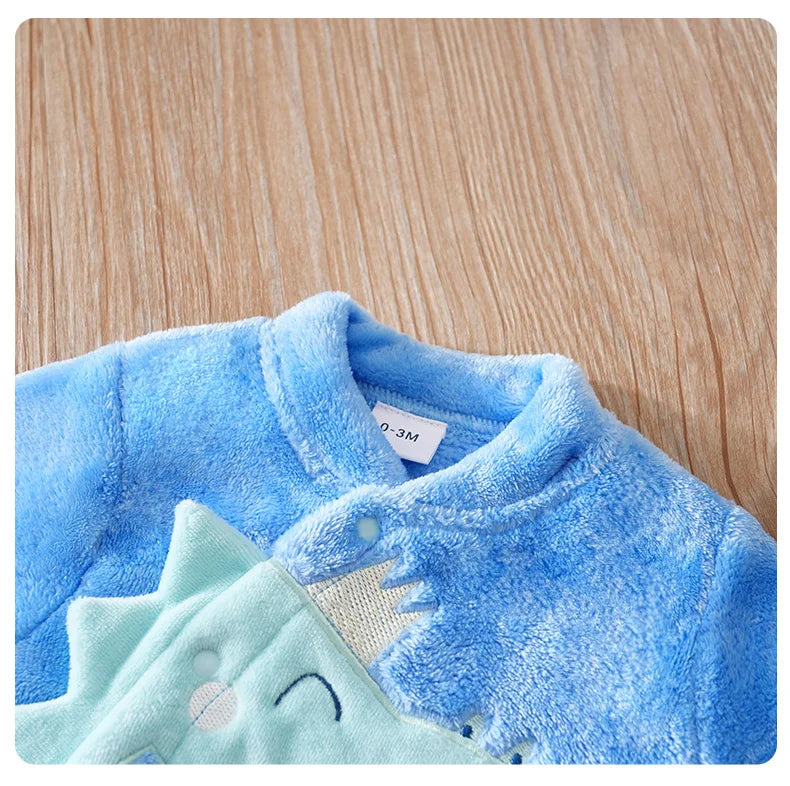 Newborn baby jumpsuit Autumn and Winter Flannel Blue Dinosaur Embroidered Legged Foot hugging baby clothes Unisex 0-18 months