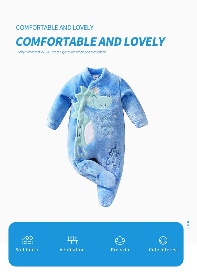 Newborn baby jumpsuit Autumn and Winter Flannel Blue Dinosaur Embroidered Legged Foot hugging baby clothes Unisex 0-18 months