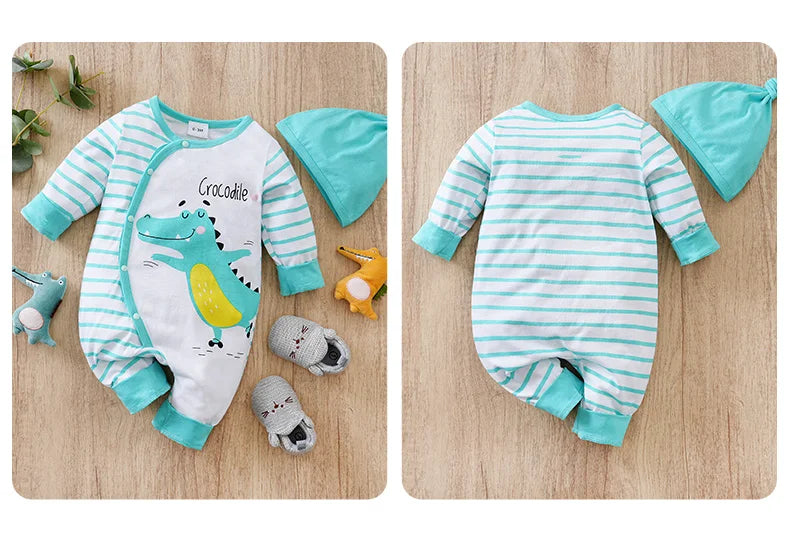 Newborn Boy And Girl Casual Simple Cute Cartoon Crocodile Striped Hat Two-Piece Set Green Spring And Autumn LongSleeved Jumpsuit