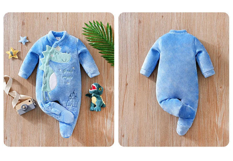 Newborn baby jumpsuit Autumn and Winter Flannel Blue Dinosaur Embroidered Legged Foot hugging baby clothes Unisex 0-18 months