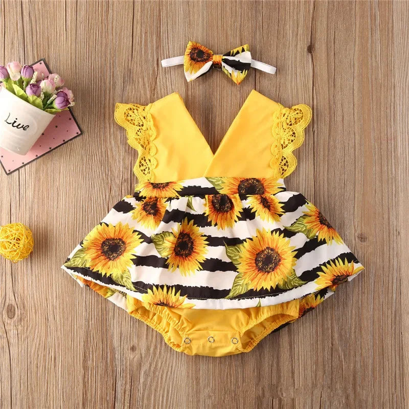 0-18Months Jumpsuit Summer Flying Floral Sleeve Romper Dress with Headband