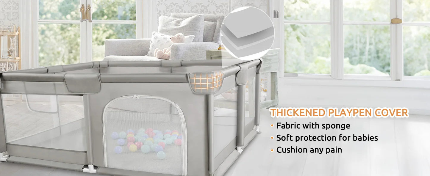 180X200cm Baby Playpen for Baby and Toddlers Kid’s Fence with Anti-Collision Foam and Breathable Mesh 50 Ocean Balls 4 Pull Ring