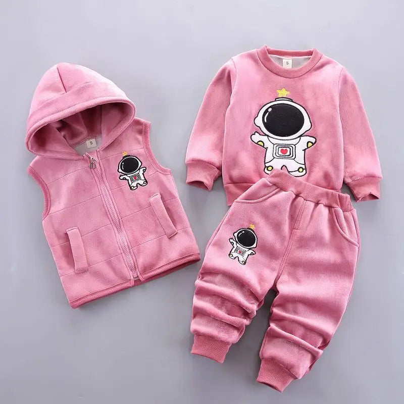 Autumn Winter Baby Boys Clothes Sets Thick Fleece Cartoon Bear Jacket Vest Pants 3Pcs Cotton Sport Suit For Girls Warm Outfits