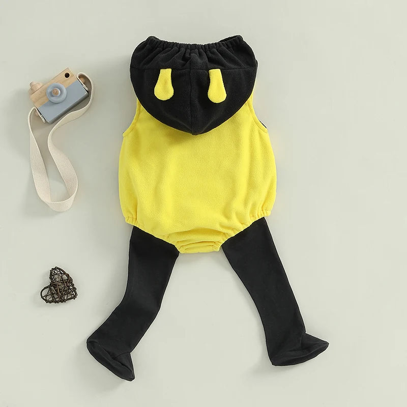 Bee Costume Sleeveless Stripes Hooded Romper Long Socks Set