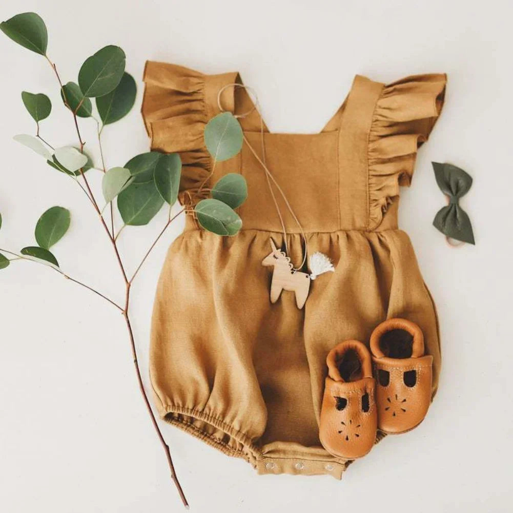 Summer Baby Girls Rompers Ruffles Romper Cotton Linen Fabric Sleeveless Strap Newborn Infant Romper Clothes