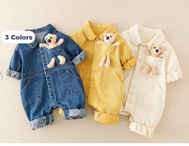 Spring Denim Baby Jumpsuit Cartoon Pocket Bear Romper for Boys Girls Newborn Overalls Korean Style Onesie Autumn Kids Clothing