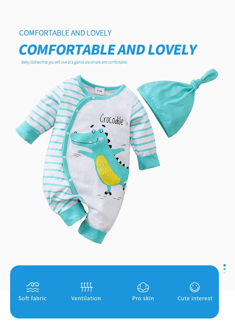 Newborn Boy And Girl Casual Simple Cute Cartoon Crocodile Striped Hat Two-Piece Set Green Spring And Autumn LongSleeved Jumpsuit
