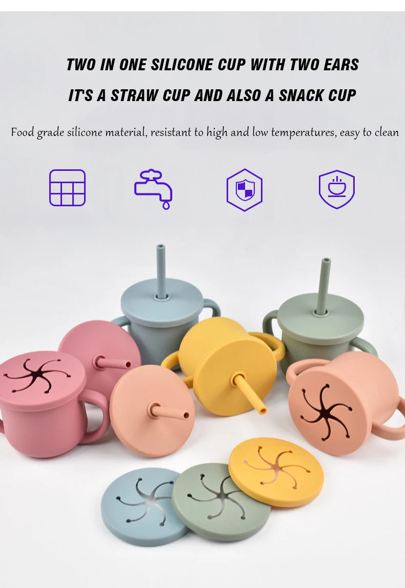 Baby Silicone Double Handle Straw Cup Anti-Scalding&Anti-Fall