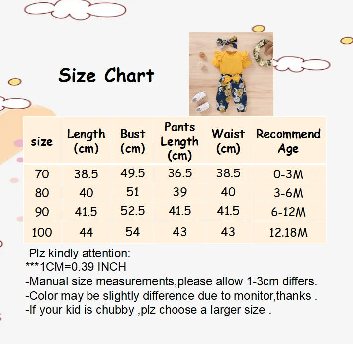 Set Short Sleeve Bodysuit+Floral Pants with Bow+Headband 3PCS Outfits for 0-18 Months