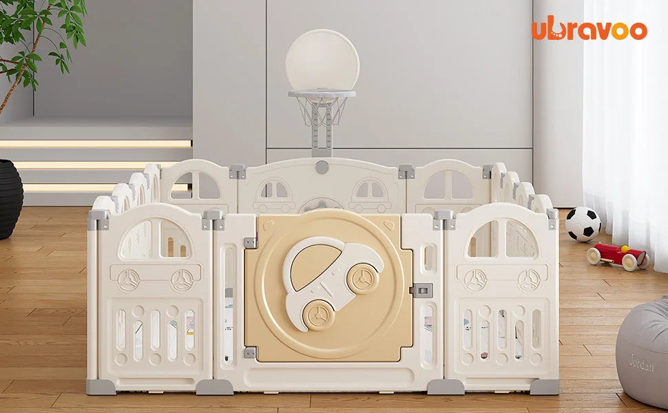 Foldable Baby Playpen with Basketball Hoop & 50Pcs Coloured Pit Balls