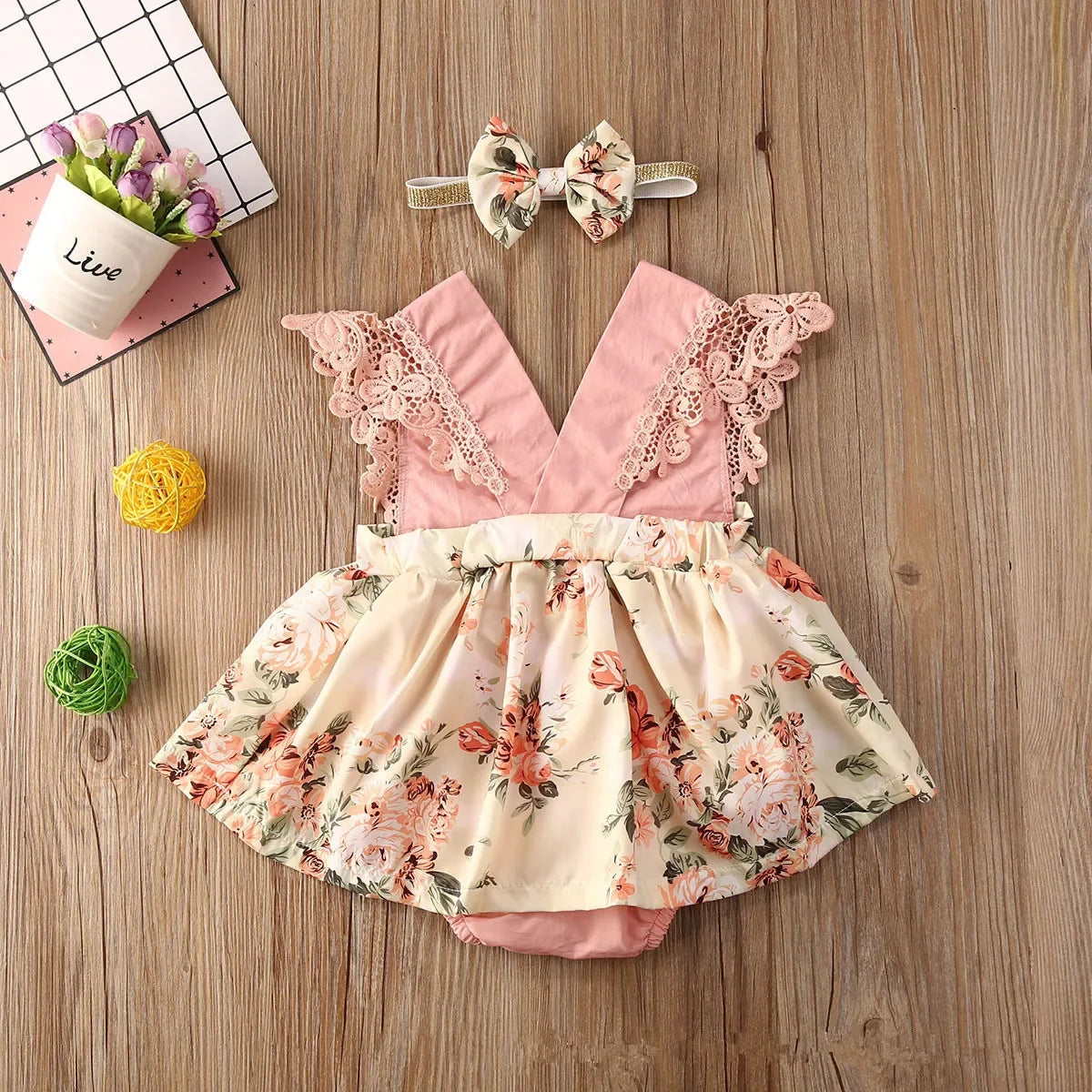 0-18Months Jumpsuit Summer Flying Floral Sleeve Romper Dress with Headband