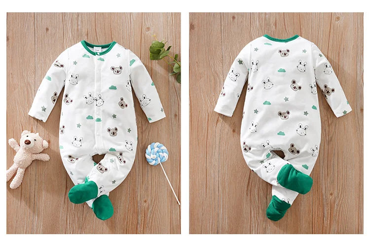 Newborn Clothing Cute Koala Rabbit Full Print Comfortable Spring And Autumn Boys And Girls LongSleeves WrappedFoot Baby Bodysuit