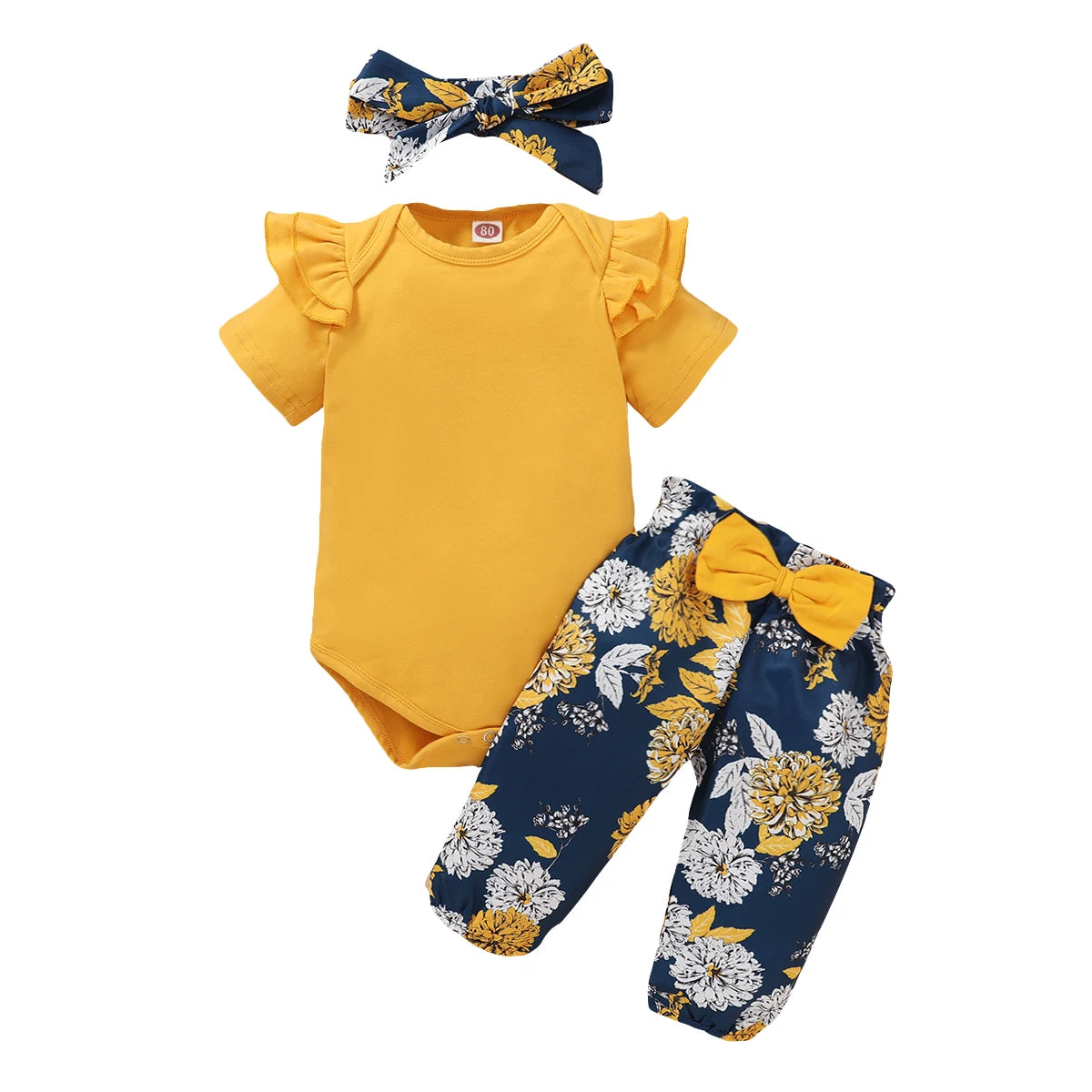 Set Short Sleeve Bodysuit+Floral Pants with Bow+Headband 3PCS Outfits for 0-18 Months