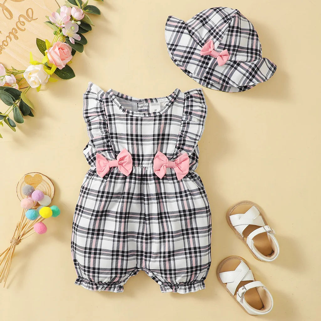 0-18 Months Plaid Design Summer Romper+Hat 2Pcs Suit Fashion