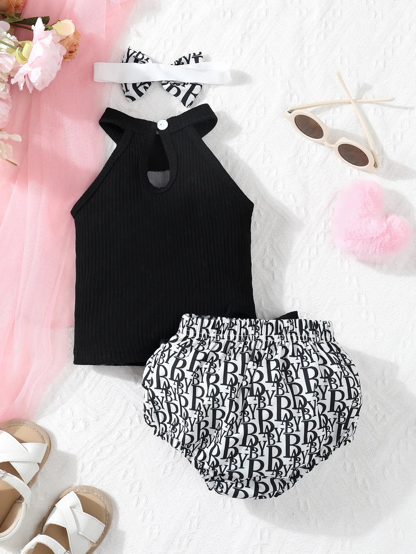 Newborn Summer Cute Casual Lmitation Brand Printed Neck Strap Sleeveless Top And Double Lace Bow Triangle Pants Set