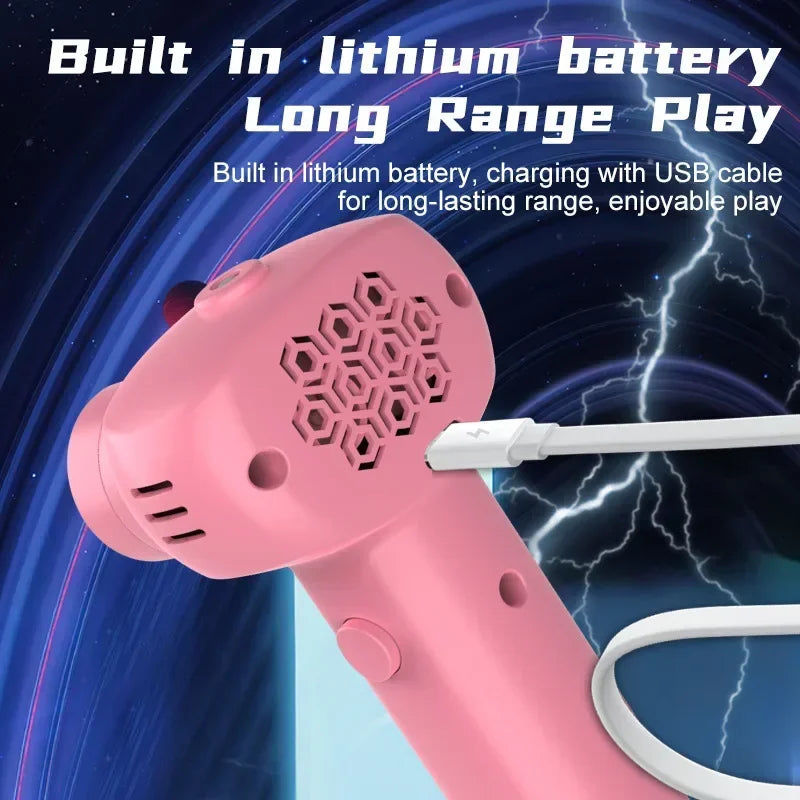 Pink electronic device with USB cable on a blue background with lightning effects