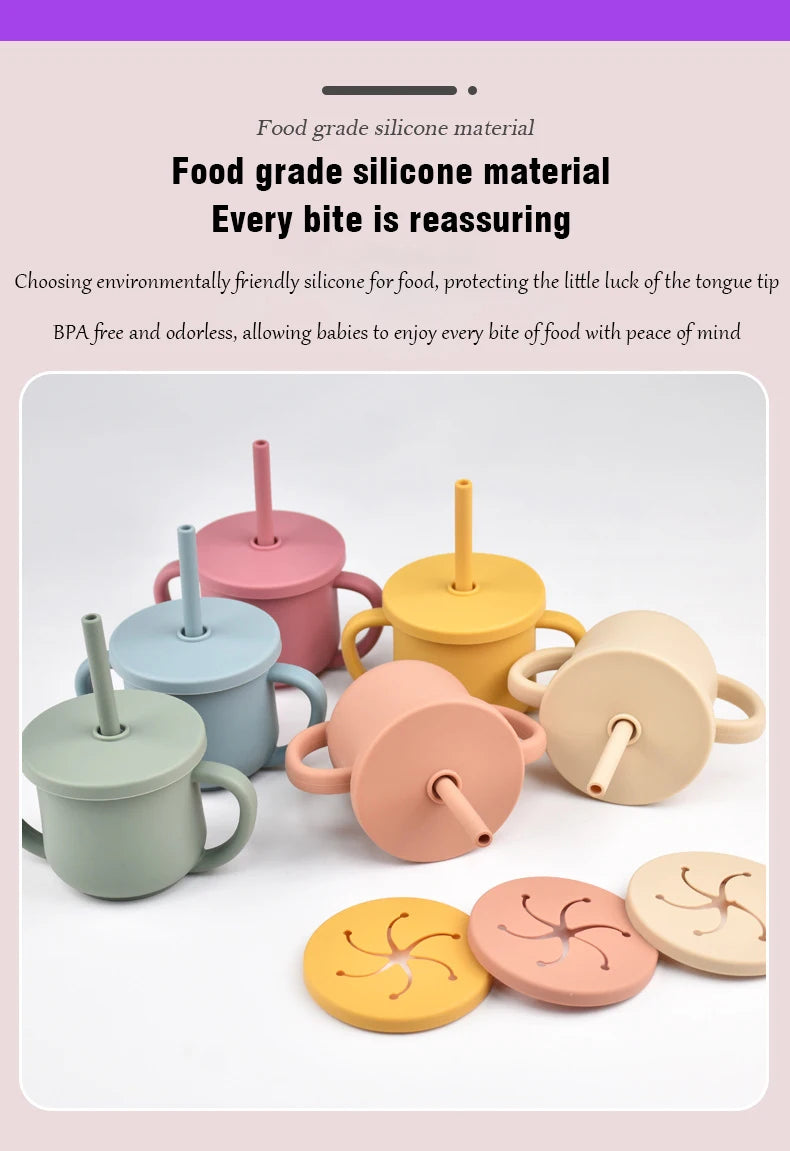 Baby Silicone Double Handle Straw Cup Anti-Scalding&Anti-Fall