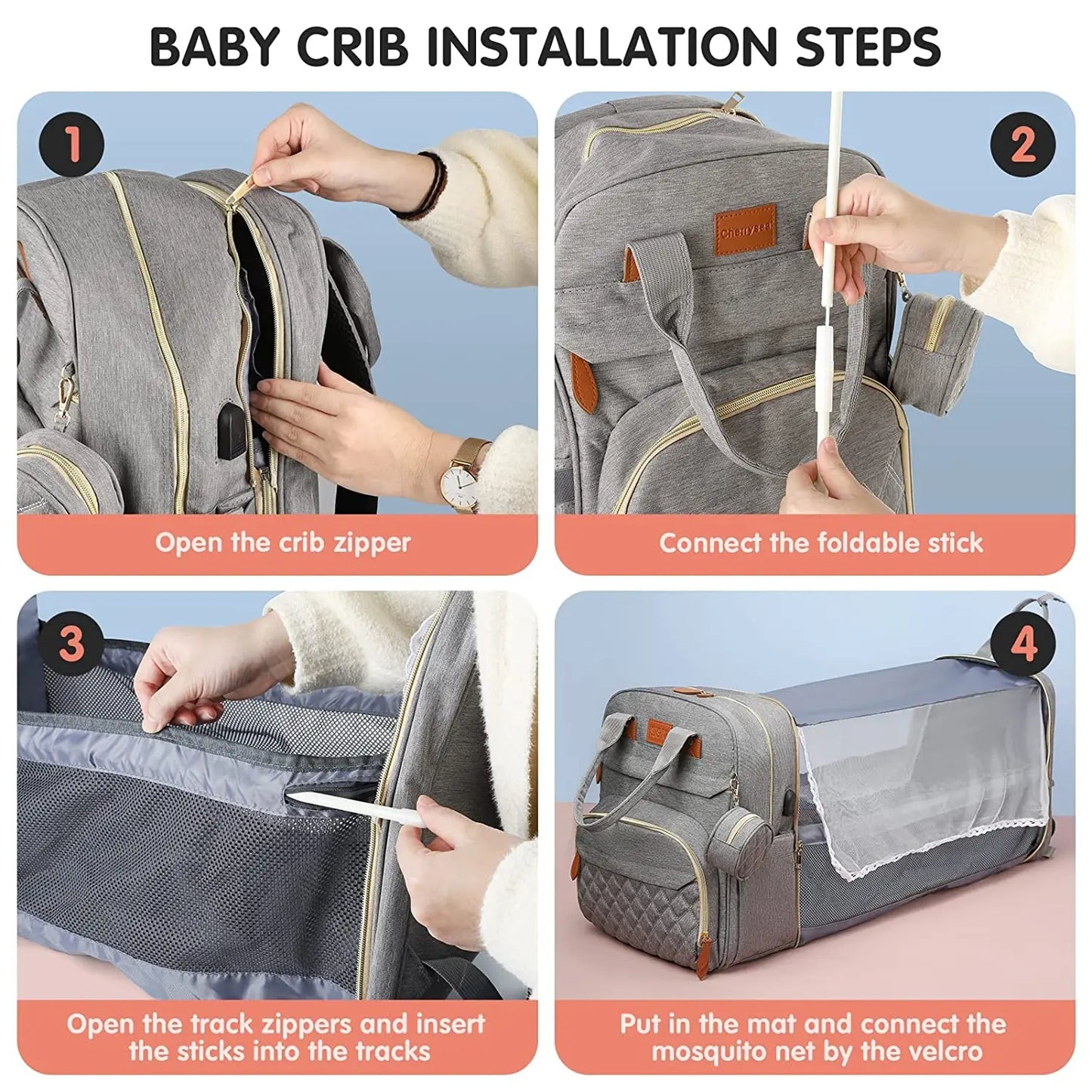 3 In 1 Diaper Bag Backpack Foldable Baby Bed Waterproof Travel Bag with USB Charge Diaper Bag Backpack with Changing Bed