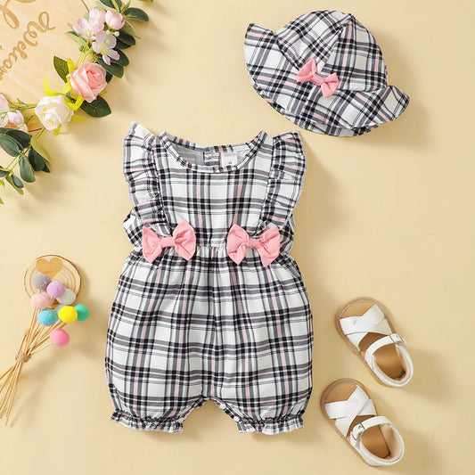 0-18 Months Plaid Design Summer Romper+Hat 2Pcs Suit Fashion