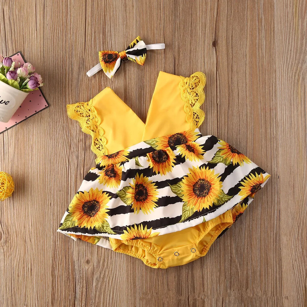 0-18Months Jumpsuit Summer Flying Floral Sleeve Romper Dress with Headband