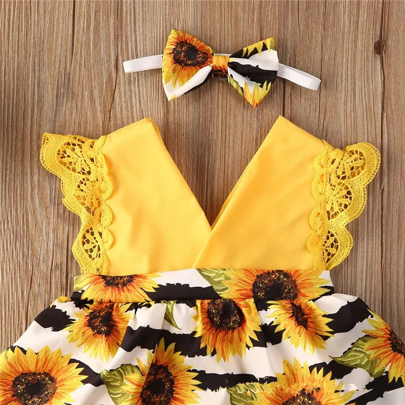 0-18Months Jumpsuit Summer Flying Floral Sleeve Romper Dress with Headband