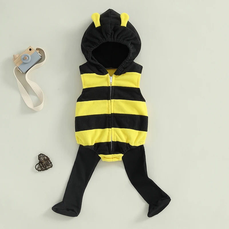Bee Costume Sleeveless Stripes Hooded Romper Long Socks Set