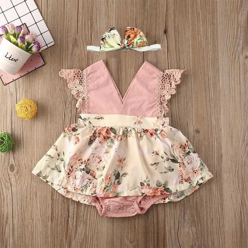 0-18Months Jumpsuit Summer Flying Floral Sleeve Romper Dress with Headband