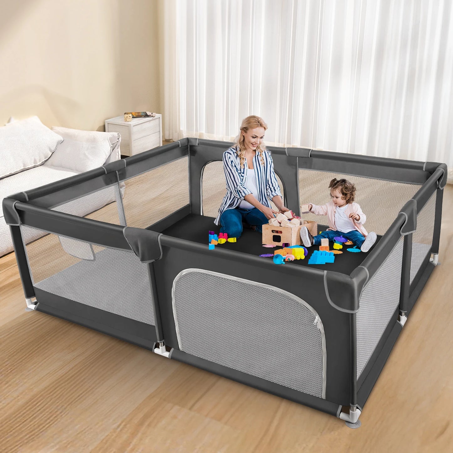 180X200cm Baby Playpen for Baby and Toddlers Kid’s Fence with Anti-Collision Foam and Breathable Mesh 50 Ocean Balls 4 Pull Ring