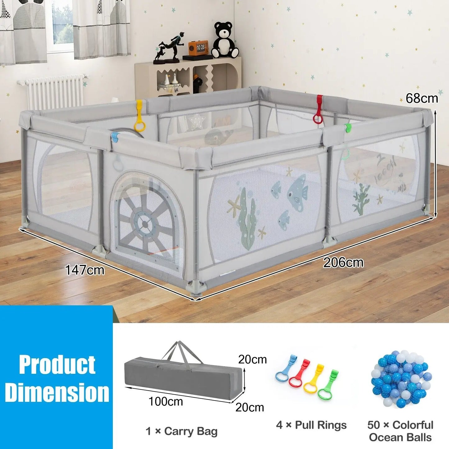 DORTALA Large Baby Playpen Kids Activity Center w/ 50 PCS Ocean Balls Infant Safety Gate