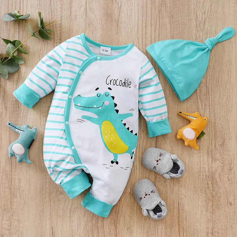 Newborn Boy And Girl Casual Simple Cute Cartoon Crocodile Striped Hat Two-Piece Set Green Spring And Autumn LongSleeved Jumpsuit
