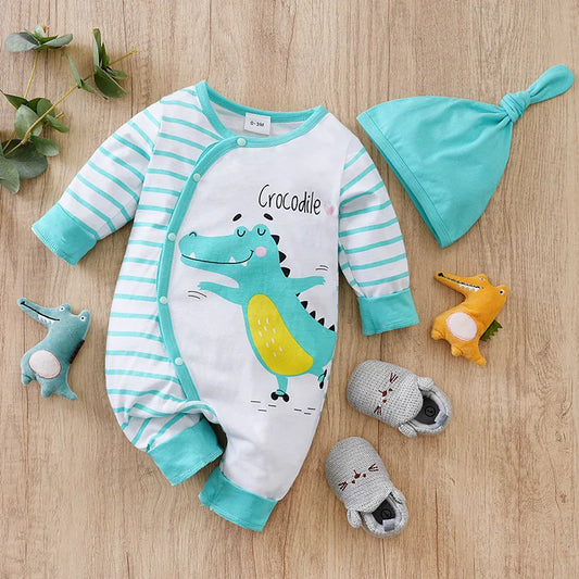 Newborn Boy And Girl Casual Simple Cute Cartoon Crocodile Striped Hat Two-Piece Set Green Spring And Autumn LongSleeved Jumpsuit