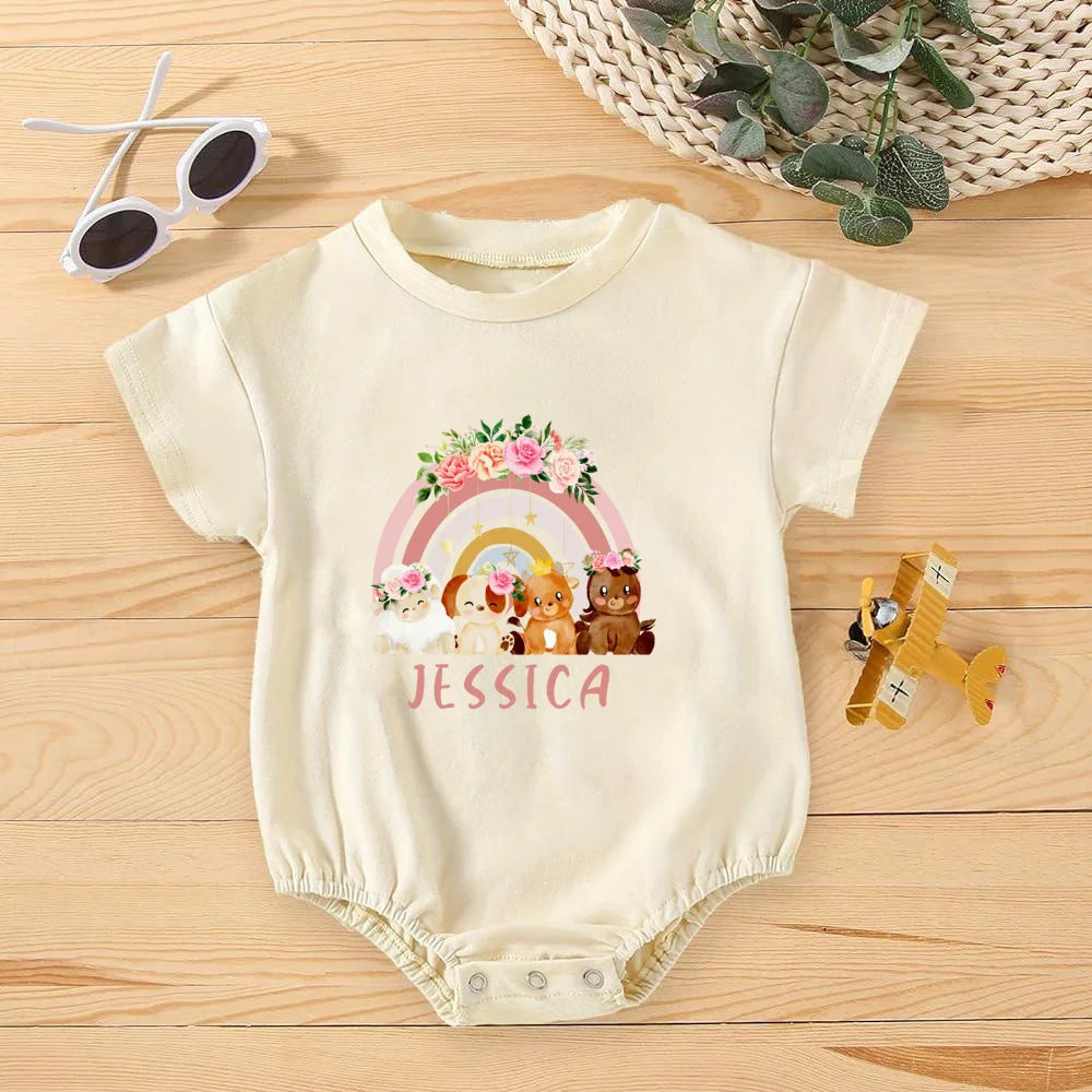 Personalised Rainbow with Name Bubble Romper Infant Jungle Birthday Party Clothes Baby Oversized Bodysuit Cute Wild One Jumpsuit