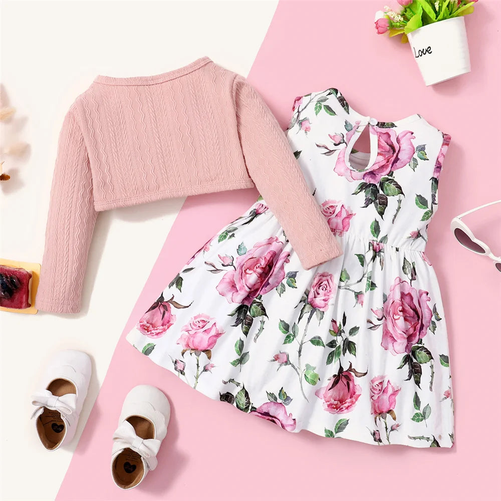 Set Pink Long Sleeves Coat+Flower Dress