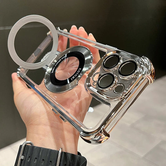 Luxury Plating Shockproof Magnetic Bracket For Magsafe Clear Case For iPhone With Holder Stand Cover