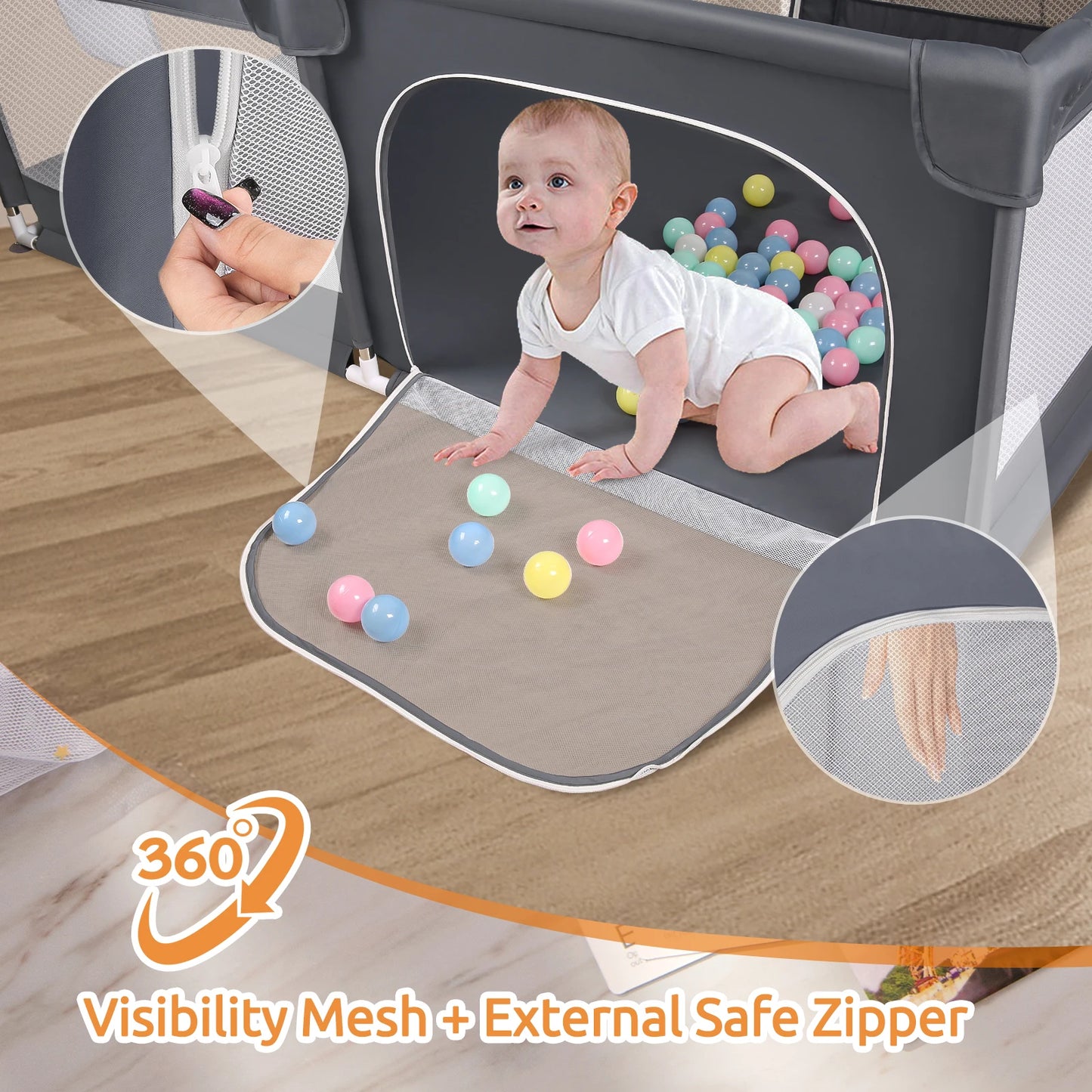 180X200cm Baby Playpen for Baby and Toddlers Kid’s Fence with Anti-Collision Foam and Breathable Mesh 50 Ocean Balls 4 Pull Ring