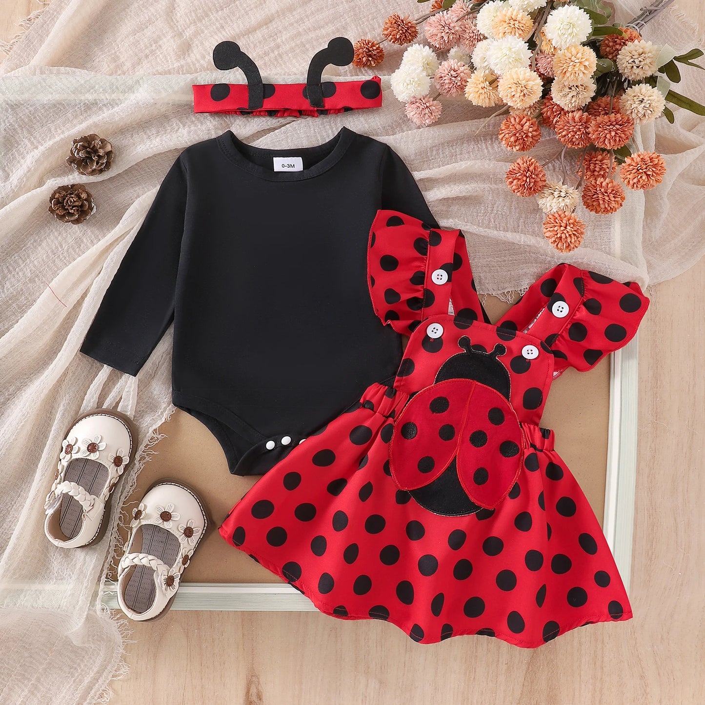 Autumn Skirt  Sets Flying Sleeve Romper Bee/Beetle Embroidery