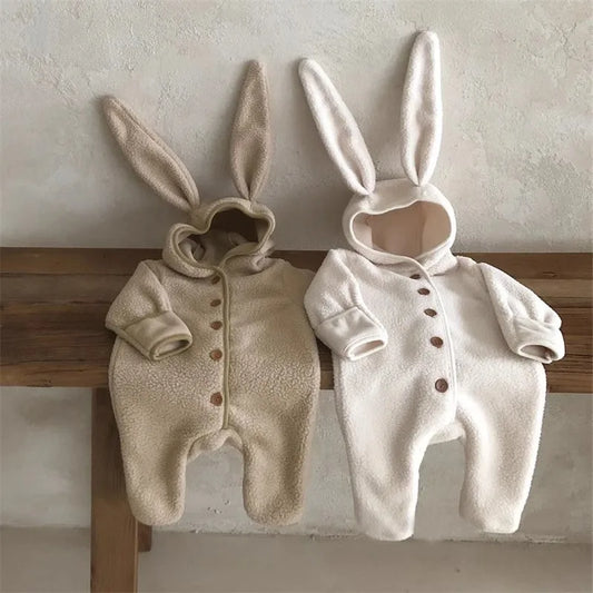 MiniAinis Autumn Winter Girl Baby Fleece Cute Rabbit Ears Cardigan Romper Boy Infant Solid Plus Velvet Warm Kid Casual Jumpsuit