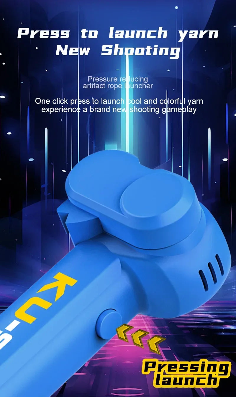 Blue yarn launcher with text on a dark background