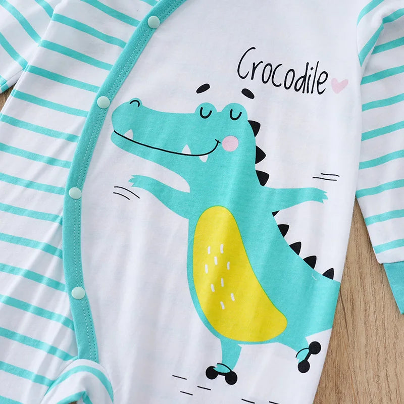 Newborn Boy And Girl Casual Simple Cute Cartoon Crocodile Striped Hat Two-Piece Set Green Spring And Autumn LongSleeved Jumpsuit